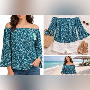 Verse Stassi Off Shoulder Bell Sleeve Top Teal Floral NWT M Boho Spring Summer